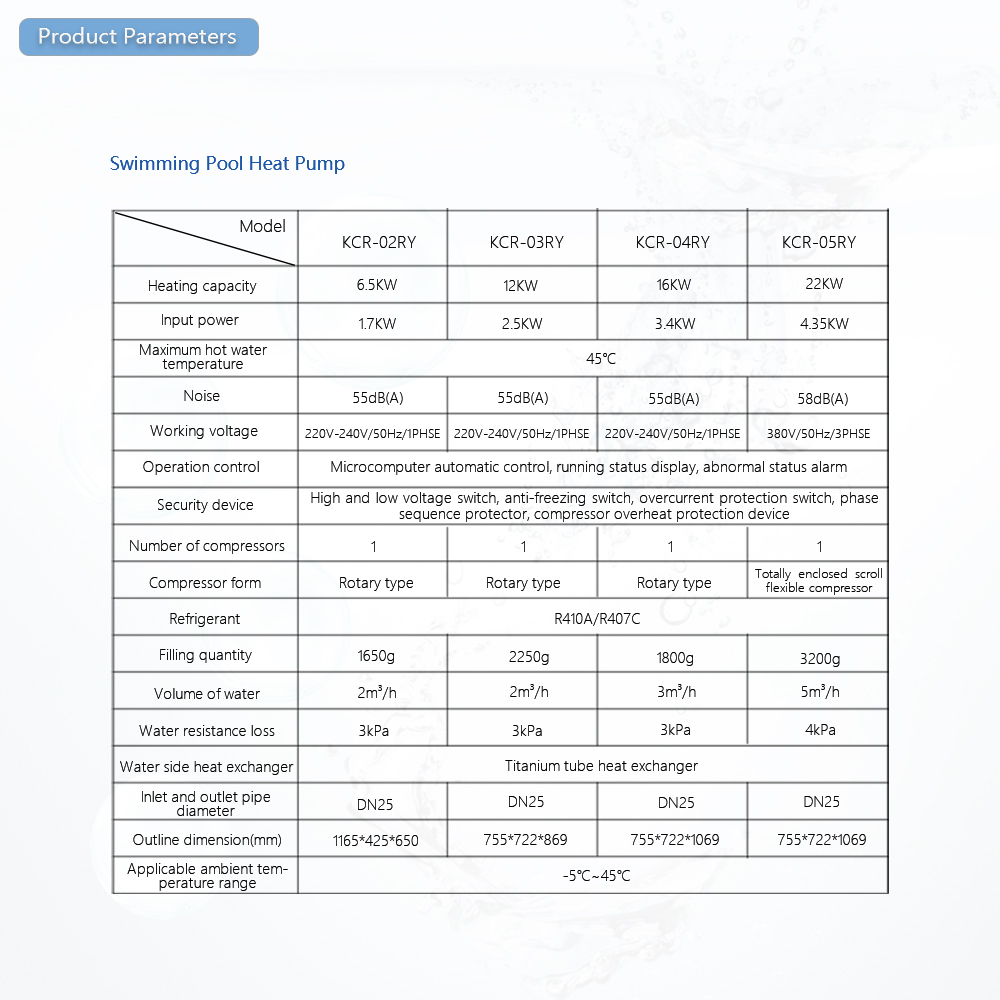 swimming pool heat pump parameters